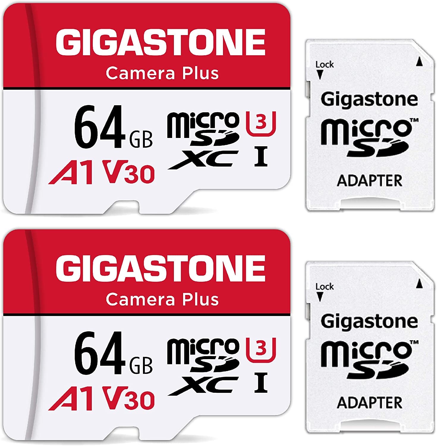 64GB Micro SD Card 2-Pack, Camera Plus, Microsdxc Memory Card for Wyze Cam, Security Camera, Smartphone, Fire Tablet, 4K Video Recording, UHS-I U3 A1 V30, 95Mb/S, with Adapter