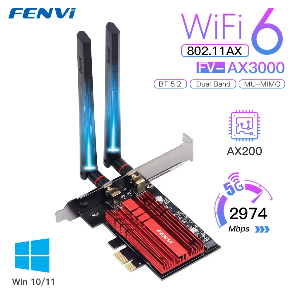 3000Mbps FV-AX3000 AX200 Wifi 6 PCI-E BT5.2 Dual Band 2.4G/5Ghz Gaming Wireless Pcie Card Adapter 802.11AX for Win 10/11 Desktop